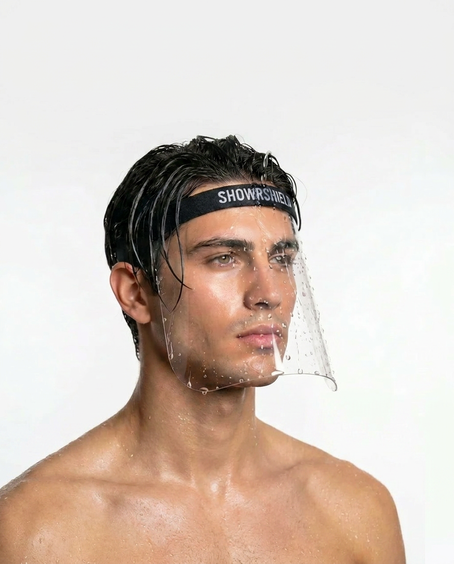 Close-up of SHOWRSHIELD protecting a man's face in the shower