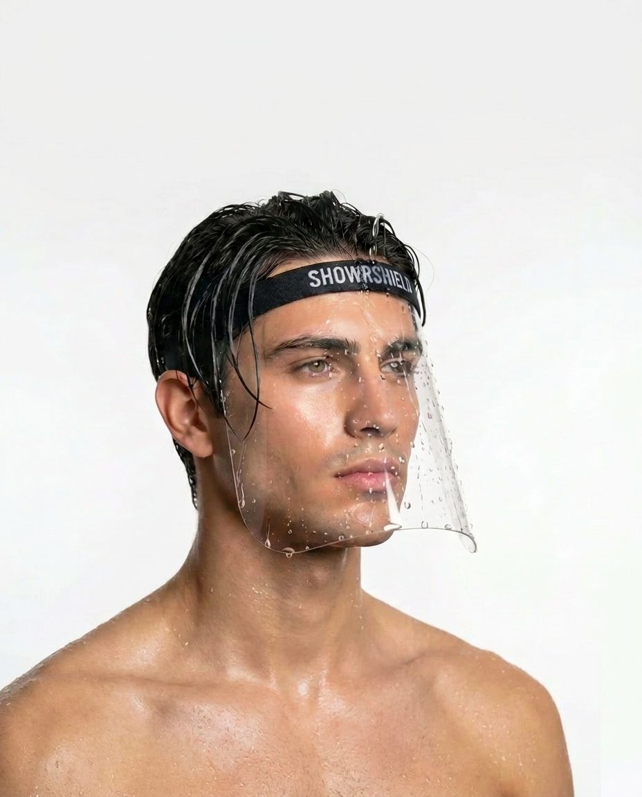 Close-up of SHOWRSHIELD protecting a man's face in the shower