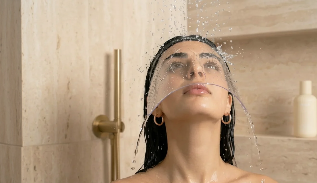 Model wearing SHOWRSHIELD in the shower