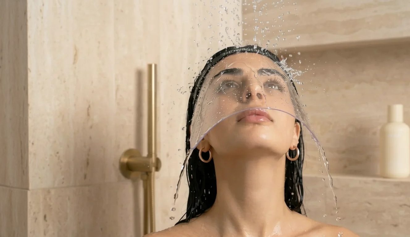Model wearing the SHOWRSHIELD reusable shower face shield in the shower
